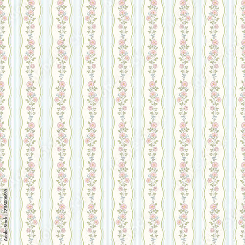 Vintage Wild Rose Floral Stripe Seamless Pattern with Wavy Blue Ticking Stripes and Cottage Garden Flowers