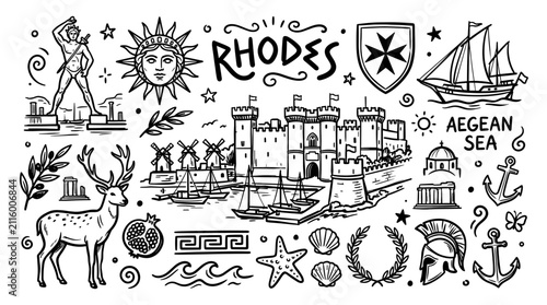 Rhodes Greece Travel Doodle Illustration,  Hand Drawn Mediterranean Island Line Art