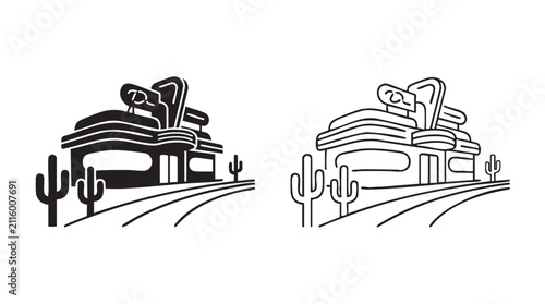 Obraz na płótnie black silhouette american diner outline art vector icon with cacti on desert hig