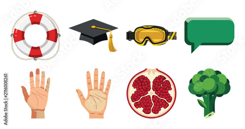 Foto Collection of colorful icons including life preserver graduation cap goggles spe
