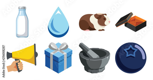 Obraz na płótnie Collection of objects including a glass bottle water droplet guinea pig and gift