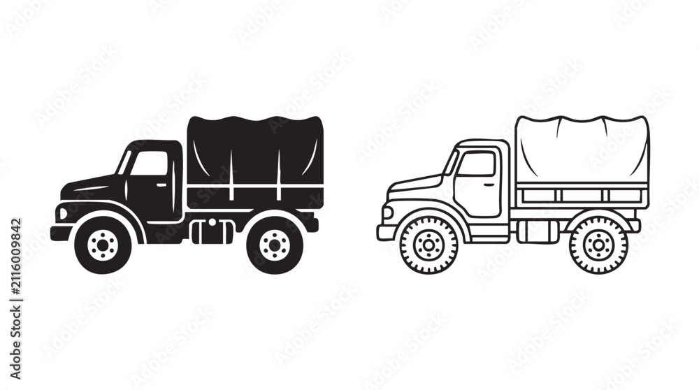 Obraz premium trucks with black silhouette and outline art vector icon featuring truck, white