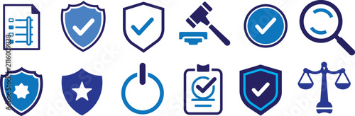 Legal services and law enforcement icon collection. Scales of justice, judge gavel, and protective shield symbols