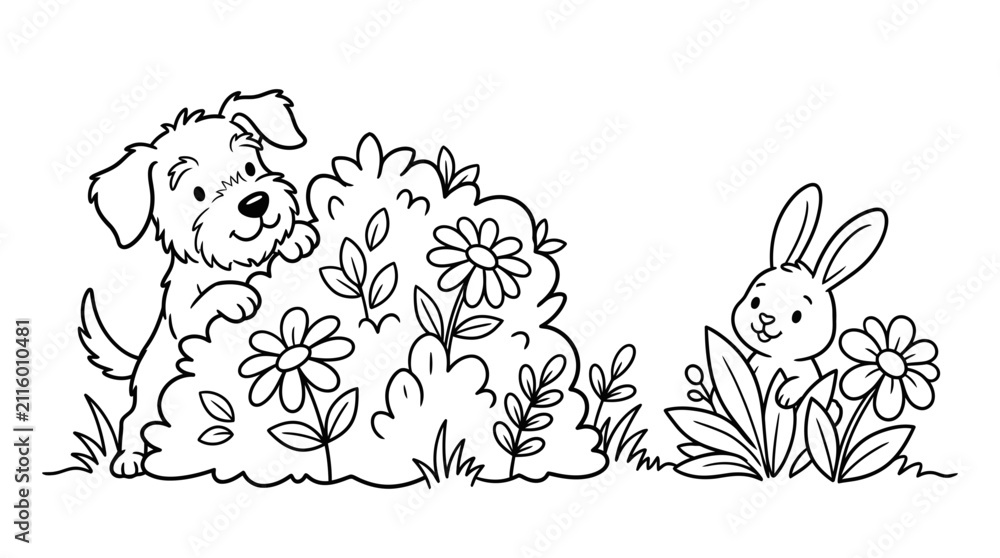 Fototapeta premium Cute cartoon dog and rabbit hiding in flowers. Playful woodland animals peeking from behind blooming wildflowers illustration.