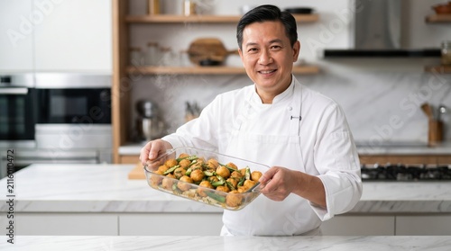 Middle-aged Asian male private chef presenting a dish of fried meatballs in a modern kitchen.