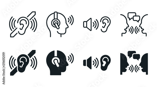 Set of hearing and sound accessibility icons showing communication and auditory aids in line and solid styles