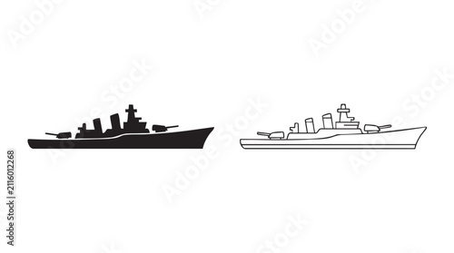 Принти на полотні battleship black silhouette and outline art vector icon featuring navy, warship,