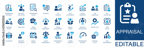 Appraisal and employee evaluation solid icon set. Featuring leadership, talent management, productivity, kpi tracking, and career growth. Editable vector glyphs for human resources and management.