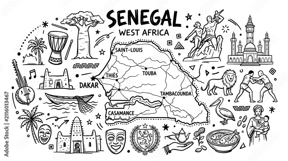 Fototapeta premium Senegal Travel Doodle Illustration, Hand Drawn African Country Map and Culture Line Art