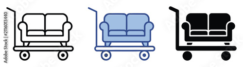 Set of furniture moving icons showing a sofa on a wheeled hand truck for delivery services