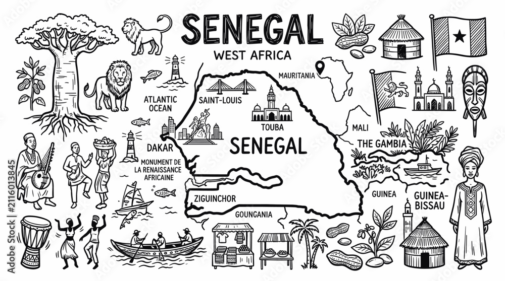 Fototapeta premium Senegal Travel Doodle Illustration, Hand Drawn African Country Map and Culture Line Art