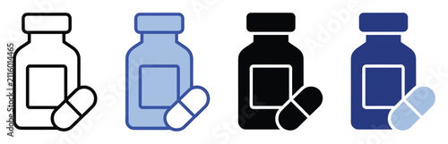 Set of medicine bottle and pill icons symbolizing pharmaceutical treatment and health products for medical applications and pharmacy needs.