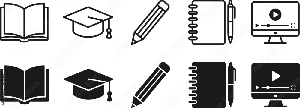Fototapeta premium Educational icon collection including books graduation caps pencils notebooks and monitors.