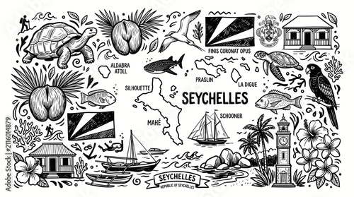 Seychelles Travel Doodle Illustration,  Hand Drawn Tropical Island Line Art Collection