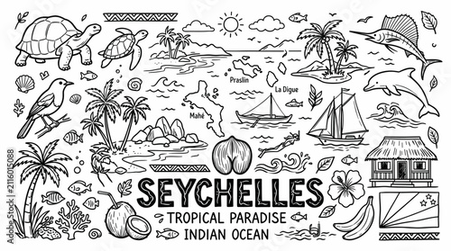 Seychelles Travel Doodle Illustration,  Hand Drawn Tropical Island Line Art Collection