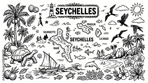 Seychelles Travel Doodle Illustration,  Hand Drawn Tropical Island Line Art Collection