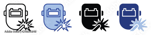 Set of welding helmet with sparks icons for industrial safety and metalwork projects