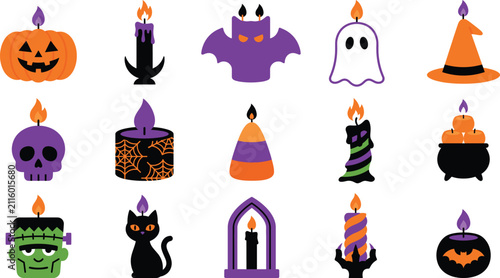 Halloween candle collection with spooky pumpkin skull ghost and bat icons for party decor.