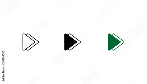 Outline double fast forward icon set,  representing rapid playback, skip ahead, acceleration, multimedia navigation, and digital media controls.