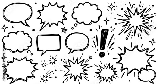 Set of hand-drawn blue comic elements featuring speech bubbles, sunbursts, an exclamation mark, and sparkle stars in a playful doodle style.
