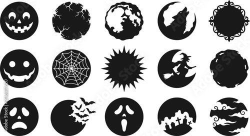 Halloween full moon and spooky night scene silhouettes collection vector set