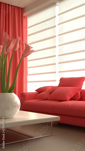Roman blinds in modern living room. Red sofa interior with soft window light.