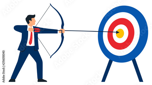 Focused businessman aiming a bow and arrow directly at the bullseye, symbolizing precision, strategic goals, concentration, successful targeting, business planning, leadership, and measurable