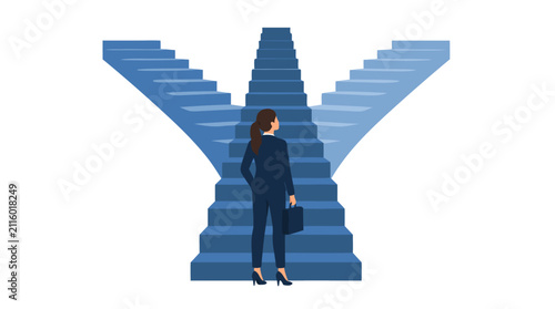 Businesswoman standing at the base of three rising stairways and looking upward, elegant flat vector illustration symbolizing career choices, decision making, ambition, progress, and future success