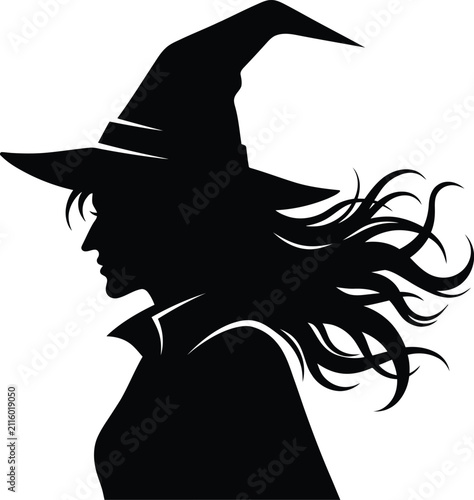 Canvas Print Black silhouette of a mysterious witch wearing a pointed hat on white background
