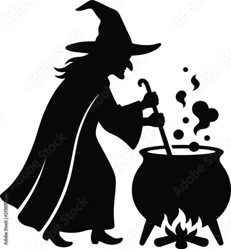 Quadro su tela Black silhouette of a witch stirring a bubbling cauldron over a hot fire
