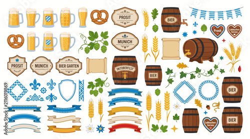 Oktoberfest elements bundle including beer mugs, pretzels, barrels, and traditional German decorations