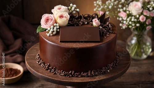 Rich chocolate cake decorated with fresh roses on a wooden cake stand