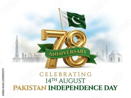 78th anniversary of pakistan independence day 14th august celebration design with national flag and landmarks isolated on white background