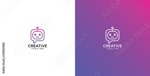Modern line art logo design featuring a friendly chatbot face inside a speech bubble, symbolizing communication and technology