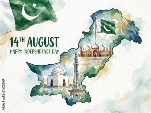 14th august happy independence day pakistan watercolor map illustration
