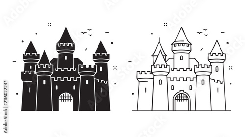 фотографія castle silhouette with black and outline art vector icon black silhouette and ou