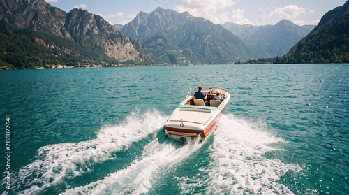 Motorboat cruising across open water surrounded by dramatic mountain scenery on a sunny day. A concept of outdoor recreation, scenic travel and freedom on the water.
