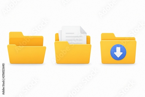 3D render set of yellow folders including blank folder, document file folder, and download folder icon