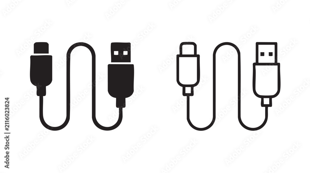 Fototapeta premium usb cables black silhouette outline art vector icon black silhouette and outline art black silhouette and outline art vector icon