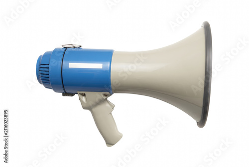 Foto Blue and White Handheld Megaphone for Loud Public Address