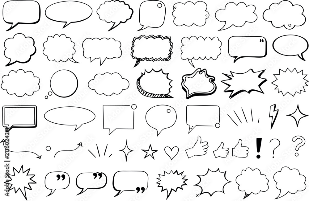 Fototapeta premium Set of handdrawn speech bubbles, thought clouds, and design elements