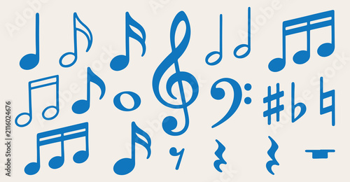 Foto music notes seamless pattern, blue treble clef background, sheet music notation