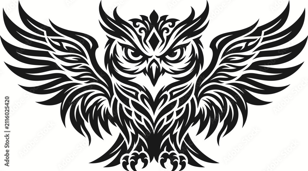 Fototapeta premium Detailed Tribal Owl Illustration with Outstretched Wings Vector Graphic for Artistic Design Projects