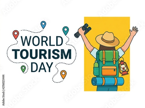 World tourism day illustration with a traveler holding binoculars and a backpack