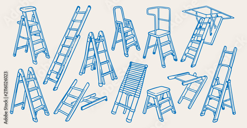 construction ladders seamless pattern, blue stepladder tool background, wooden ladder texture, building repair equipment vector, elevation stepladder wallpaper, maintenance ladder sketch, height work 