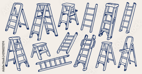 ladders seamless pattern, wooden ladder texture, hand drawn step ladder background, construction ladder vector, home repair tool sketch, climb equipment pattern, stepladder wallpaper, maintenance tool