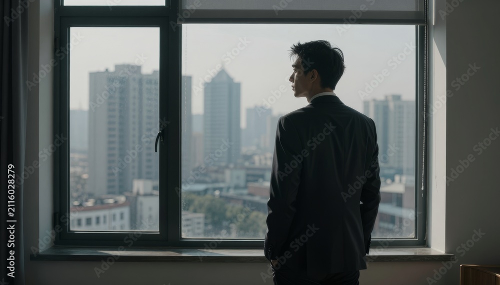 Fototapeta premium Businessman in Suit Looking Out of Office Window at City Skyline