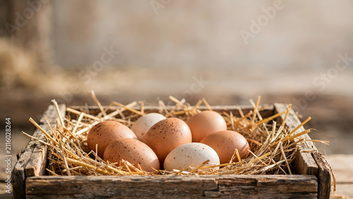 Farm Fresh Eggs in Rustic Crate: A collection of brown and speckled eggs nestled in golden straw within a weathered wooden crate, evoking a sense of natural wholesomeness and farm-to-table goodness.