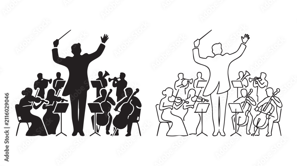 Fototapeta premium conductor leading orchestra black silhouette and outline art vector icon