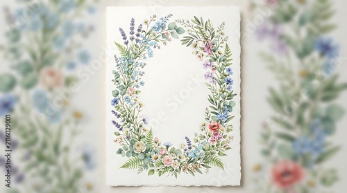 Watercolor floral wreath frame with wildflowers and greenery